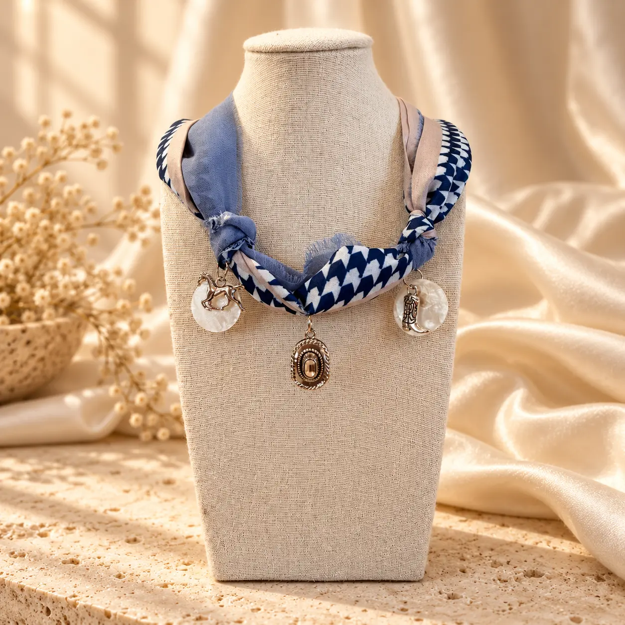 Bluebell Rodeo blue bandana charm necklace with mixed gold and silver charms on a linen display stand