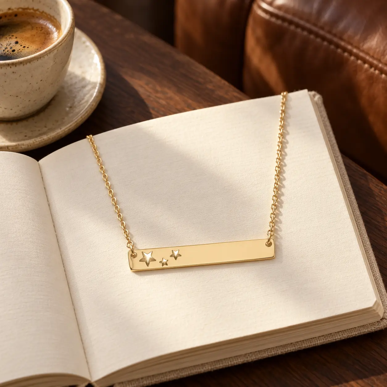 Gold Celestial Star Bar Necklace with three fixed star cutouts displayed on an open book