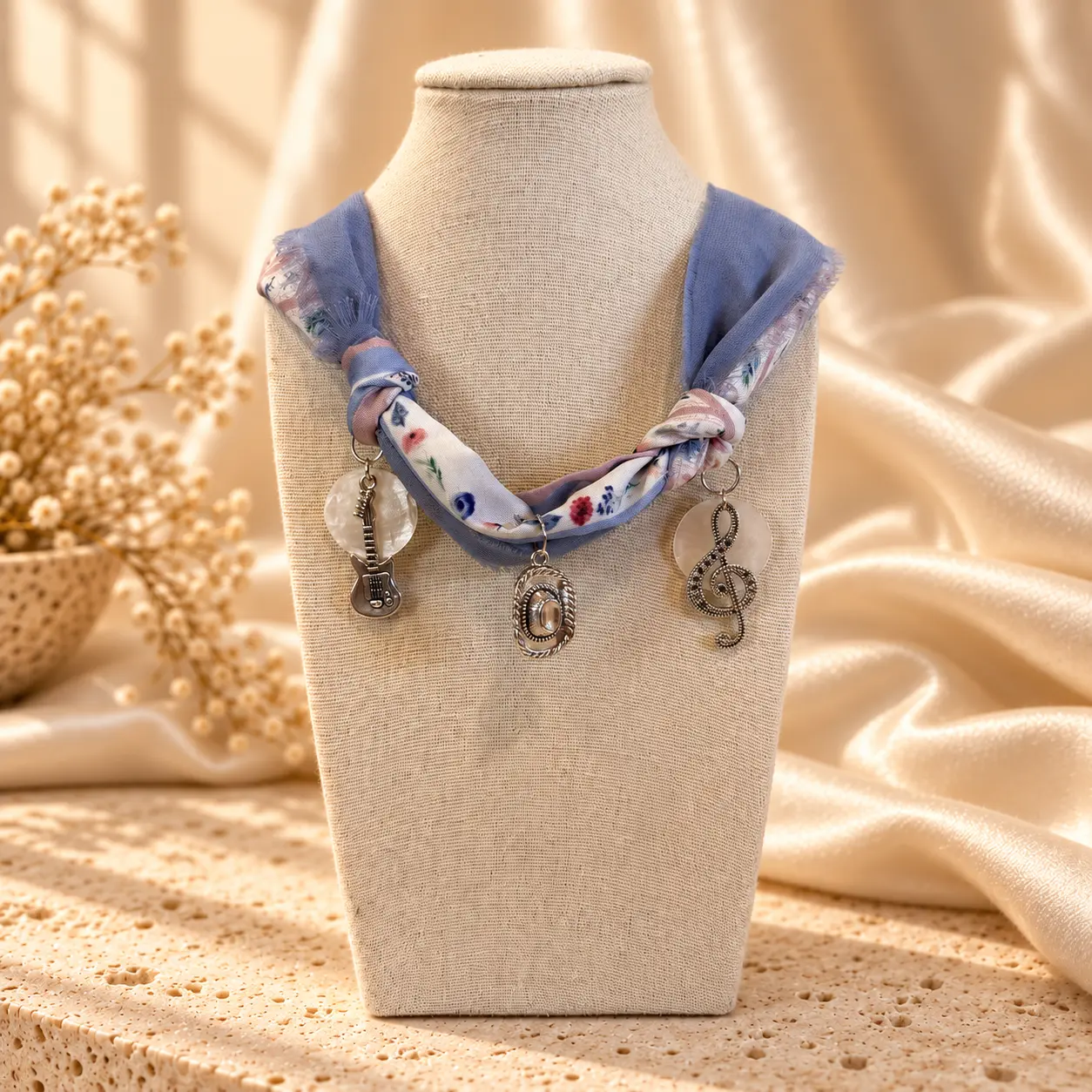 Bluebird Serenade blue floral bandana charm necklace with silver-tone musical charms on a linen display stand