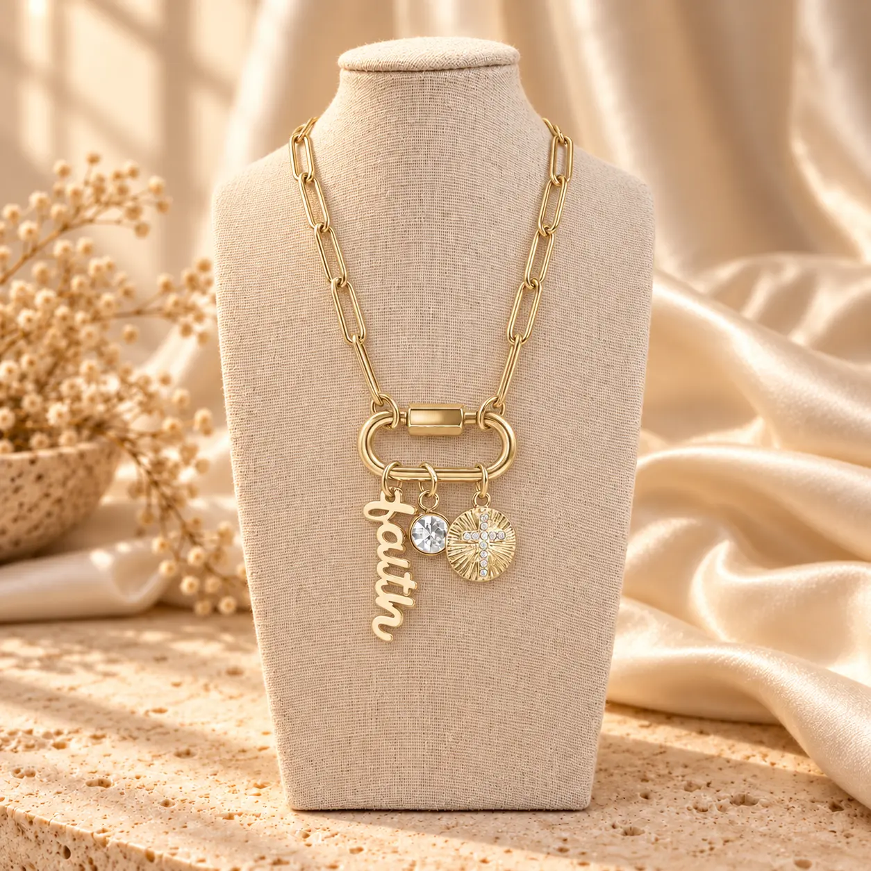 Gold Faithfully Yours paperclip-chain charm necklace with script faith, crystal, and cross medallion charms