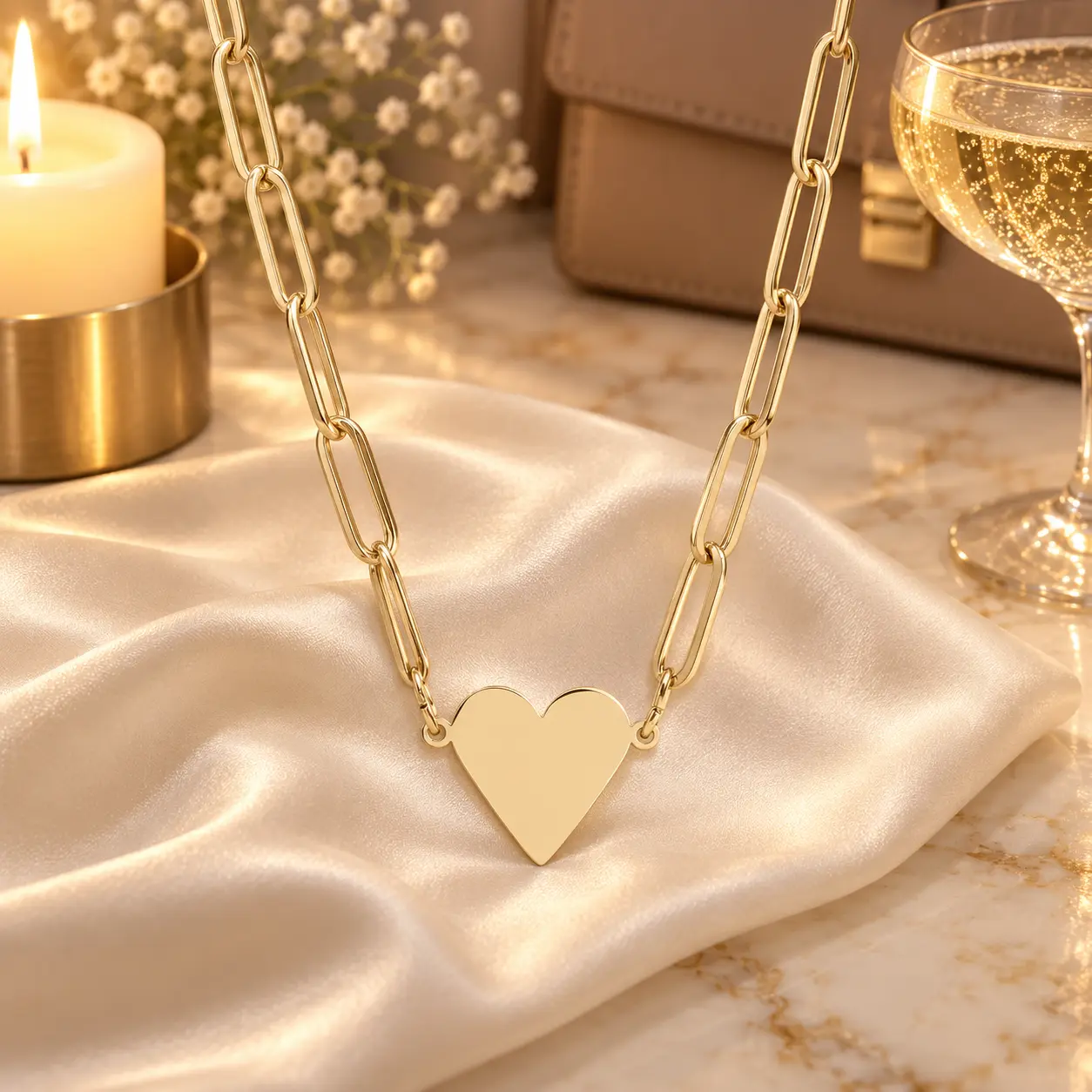 Gold Heart Link Necklace with an engravable heart pendant and elongated link chain