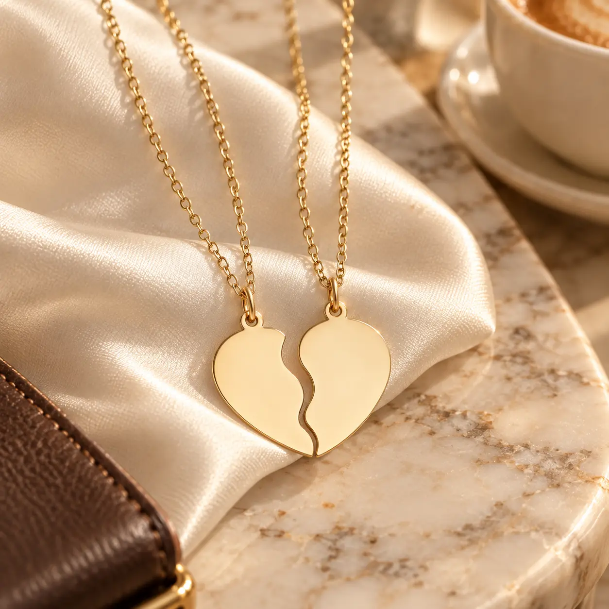 Gold Split Heart Necklace Set with two matching pendant halves forming one heart