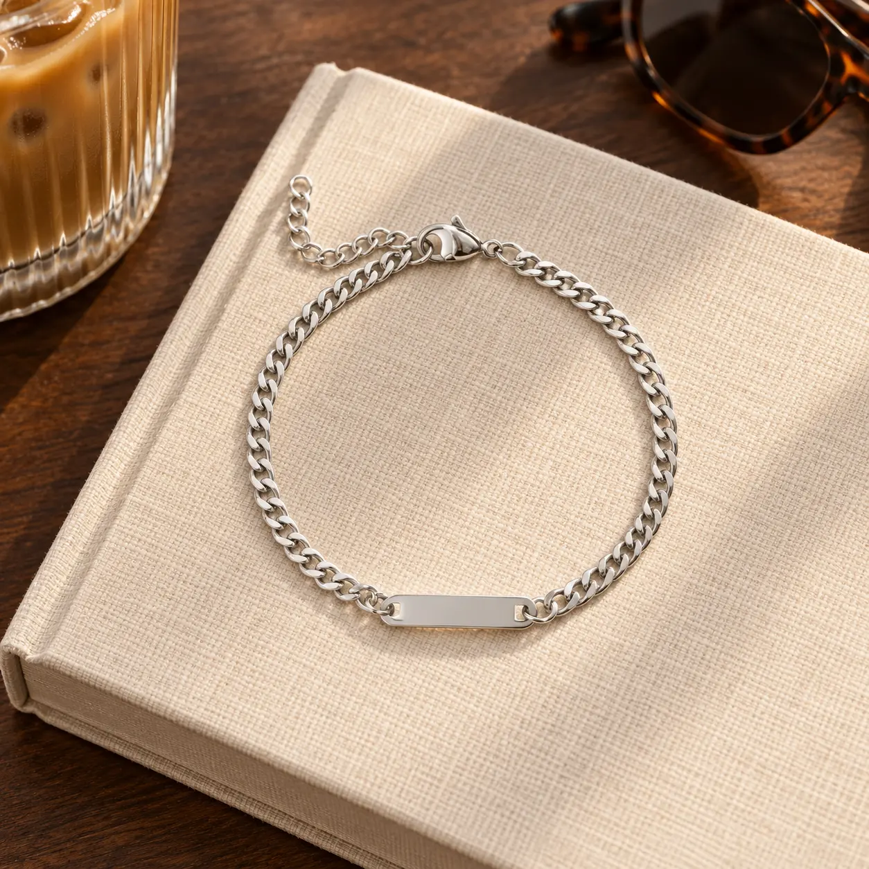 Silver Classic Curb-Chain ID Bracelet with an adjustable extension and rectangular engraving bar